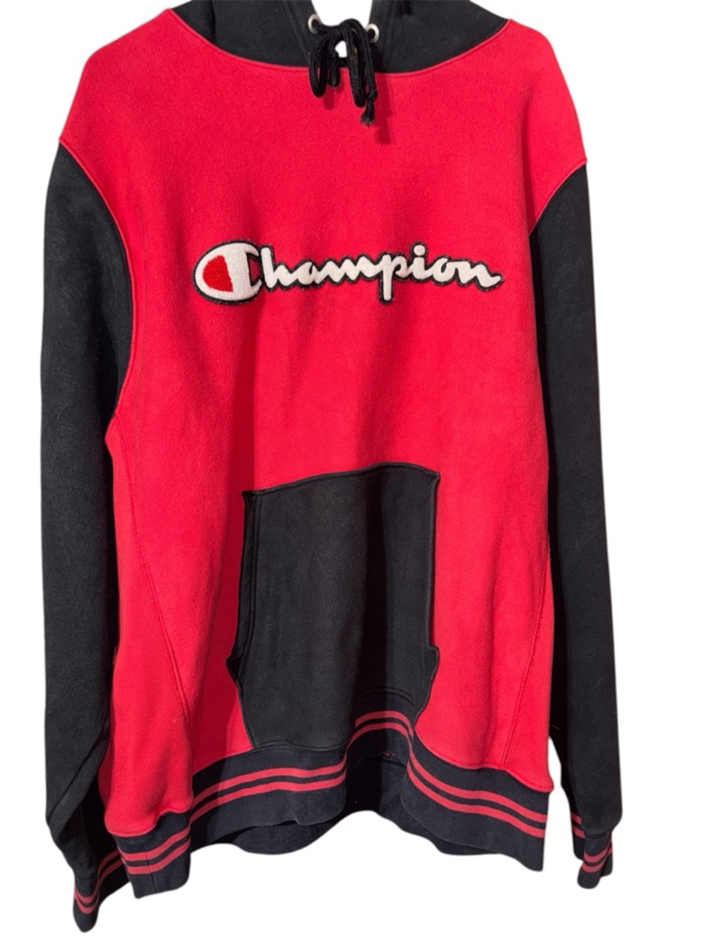 Vintage Champion Red and Black Pullover Hoodie with Script Logo